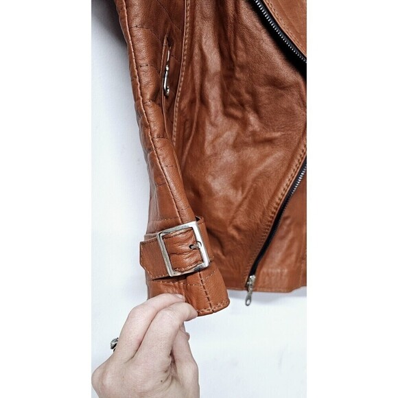 Made In Ecuador 100% Leather Classic Biker Style Tan Brown Women Jacket (M) - Picture 2 of 5